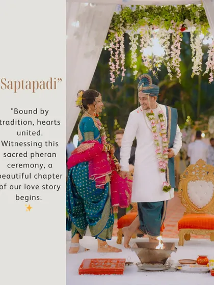 The sacred 'Saptapadi' ceremony, where the couple takes their first seven steps together. We capture this pivotal moment, symbolizing the start of their shared life.