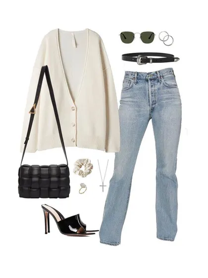 Recreating celebrity style with accessible pieces is a great way to get inspired. This look, inspired by Hailey Bieber, pairs a cozy cardigan with classic bootcut jeans and heels for an effortlessly cool vibe.