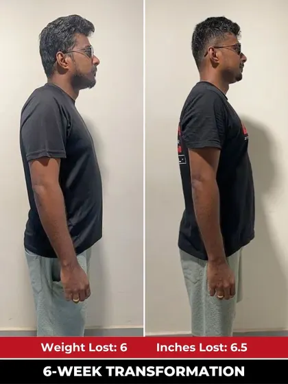 The side view of Anandu's transformation highlights his improved posture and leaner physique after rebuilding his discipline with us.