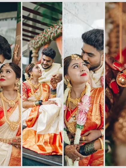 A four-panel collage showcasing different moments from a South Indian wedding, including couple portraits and a detail shot of the thali. This format provides a dynamic summary of the wedding events.