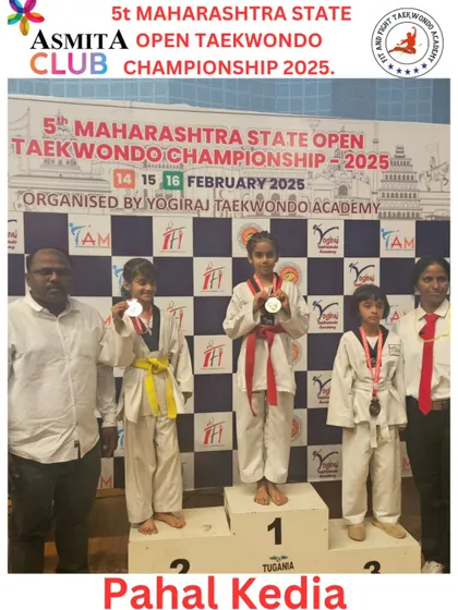 A double victory for Pahal Kedia, winning two gold medals in both Kyorugi and Poomsae at the state championship. Her versatility and skill make us incredibly proud.