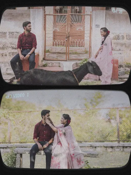 A creative edit of a vintage pre-wedding shoot, presented as if viewed through an old slide projector.