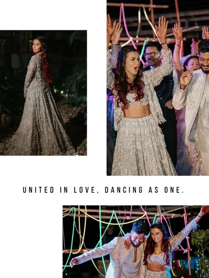 A collage from a Sangeet night, showing the couple dancing and celebrating with their guests. It captures the love and energy that filled the room.