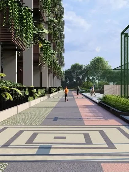 Pedestrian-friendly pathways at "Villa on Sky" are designed with decorative paving, separating walkers from traffic and connecting them to various green spaces and amenities.