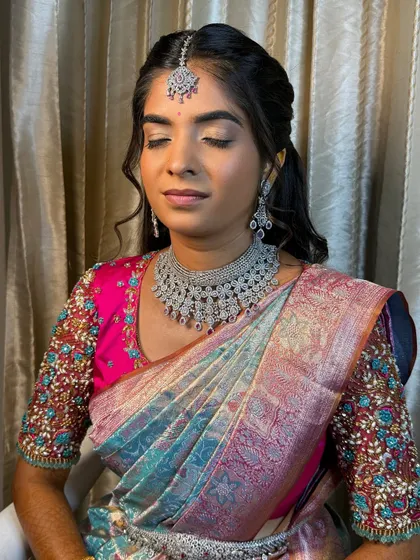 A close-up of the soft, shimmery eye makeup for this reception look. It's elegant and pretty without being overpowering.