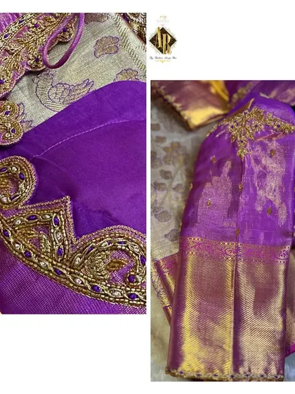 This purple blouse showcases intricate paisley motifs embroidered along the neckline. I always make sure to use the saree's zari border on the sleeves to create a seamless design.