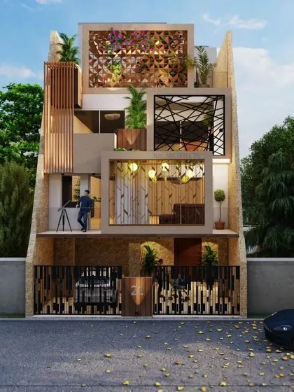 For this home, we designed the facade to create privacy from the street while still feeling open and modern. We articulated the front through different levels, using a mix of stone, wooden louvers, and decorative jali screens for texture and character.