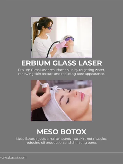 This graphic details two more advanced solutions for open pores. The Erbium Glass Laser resurfaces skin by targeting water molecules to renew texture, while Meso Botox involves micro-injections to reduce oil production and shrink pores.