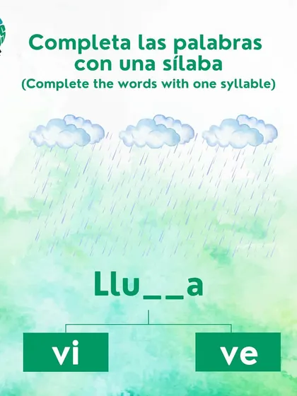 Complete the Spanish word for rain. Is it 'lluvia' or 'lluve'? This syllable game helps with spelling and pronunciation.