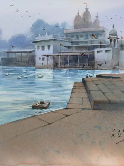 The full composition of my Pushkar ghat painting. I included details like the birds, the floating diya, and a lone monkey to bring the scene to life.