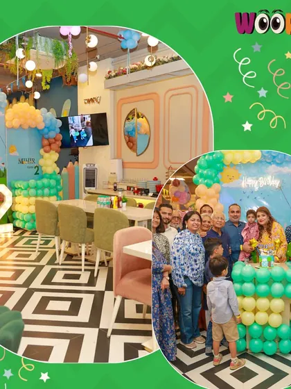 A collage showing our venue decorated for a farm-themed 2nd birthday party, with guests gathered for a group photo.