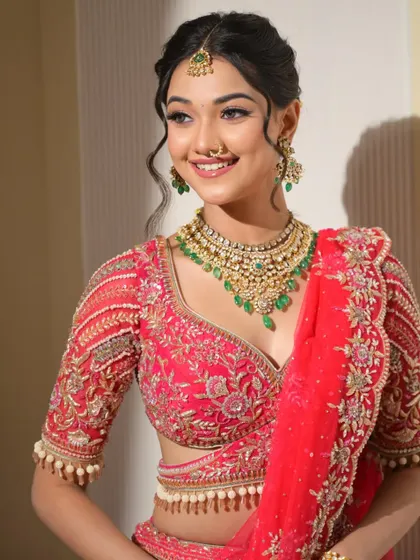 A three-quarter shot that shows how the makeup, hair, and outfit come together. The soft curls in her hair add a touch of modern romance to the traditional lehenga.