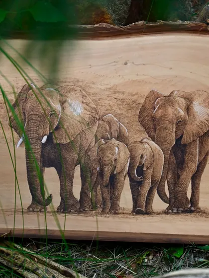 An incredible pyrography portrait of an elephant family by artist Dissanayake. This wood burn art captures the essence of these majestic animals and raises awareness for wildlife conservation.