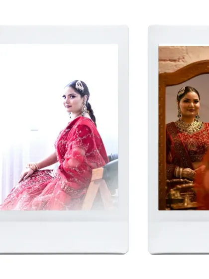 A diptych showing two different bridal moments, presented in a polaroid style. One is a soft, bright portrait, while the other is a reflection, showcasing her getting-ready process.