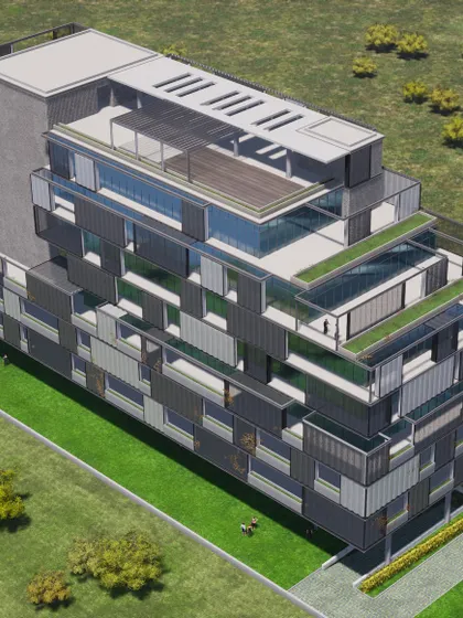 An aerial view of the TCI Express World Centre proposal, showing the tiered terraces with green spaces. This design mimics the decks of a luxury liner while providing outdoor access and improving the building's microclimate.