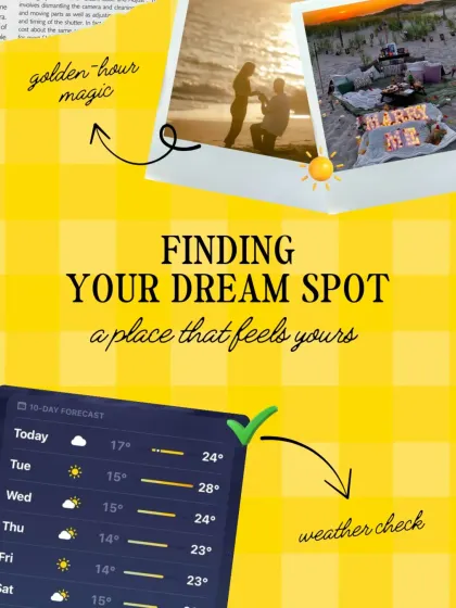 Finding your dream spot is the first step. This part of our proposal guide talks about the importance of location and checking the weather to ensure everything goes smoothly, whether it's a golden-hour beach proposal or a city view.