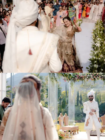 A collage capturing the bride's joyful dance as she enters and the groom's proud look as he waits for her at the mandap.
