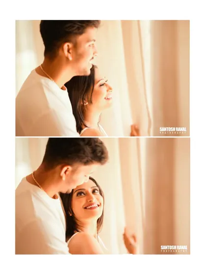 A diptych of intimate indoor moments, showcasing the couple's gentle interaction in soft, warm light.