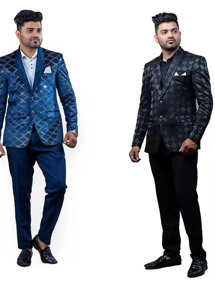 For a cocktail party or reception, we offer modern blazers for rent. This patterned blue and black blazer adds a touch of contemporary style.