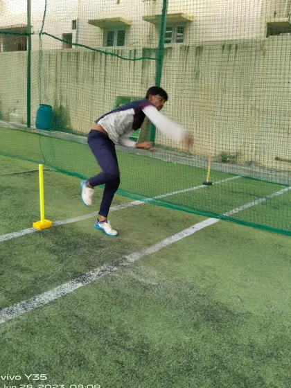 A collection of our bowlers during net sessions. You can see the variety we nurture, including young leg-spinners, medium pacers, and left-arm spinners, all honing their skills.
