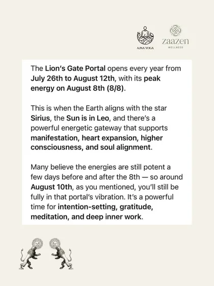 An informational graphic explaining the significance of the Lion's Gate Portal. This helps participants understand the cosmic energies we are working with for manifestation and heart expansion.