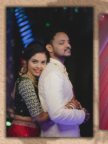A sweet and playful reception portrait. The bride peeks over the groom's shoulder with a smile, a candid moment showing their fun-loving connection.