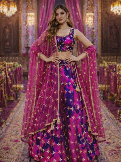 This pose shows the full spread of the dupatta, which adds another layer of elegance to this already stunning pink and purple lehenga.