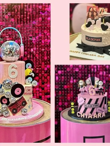 Close-ups of the incredible, detailed Blackpink-themed birthday cakes, featuring elements like disco balls, headphones, and band logos.