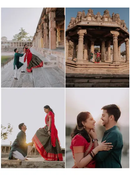 A collage showcasing four distinct moments from a heritage shoot, from playful interactions on temple steps to intimate gazes.