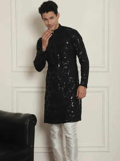 Another look at the black sequined kurta, a comfortable and glamorous choice from my collection of stylish kurta-pajama combinations.