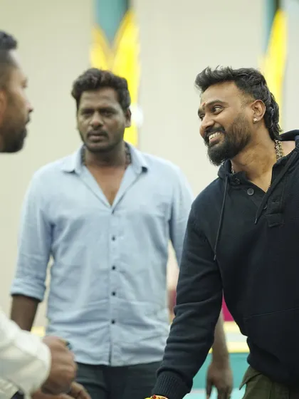 A happy moment during a break in rehearsals for Bigg Boss Kannada. Keeping the mood light and positive helps everyone perform their best.