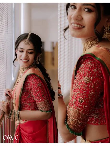 A collage of the bride by a window, the natural light beautifully illuminating her features and the details of her blouse.