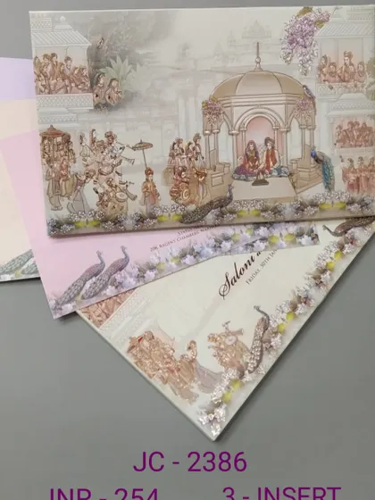 This panoramic invitation illustrates a complete wedding scene, from the pheras to the celebratory procession. The card comes with three inserts and is rich in traditional details and color.