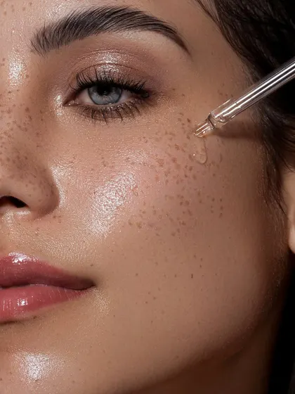 An extreme close-up capturing a serum drop on beautifully textured skin. This macro shot emphasizes hydration and the luxurious feel of the product. The interplay of light on the skin and the serum creates a visually rich image that speaks to the product's quality and efficacy.