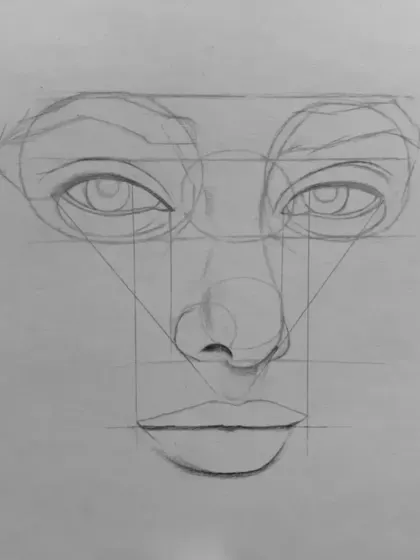 Step 5: The mouth is added, and guiding lines are drawn to ensure all features are aligned correctly. The basic structure of the face is now complete and ready for shading.