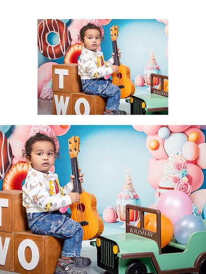A collage showing the birthday boy's different moods. Whether he's in his jeep or playing the guitar, his second birthday shoot was full of personality and fun.