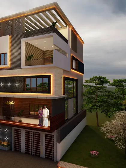 A side view of the Nagarbhavi home concept, showing the depth of the balconies and the lighting design.