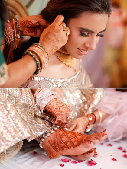 A diptych showing the intimate details of getting ready for the engagement. The focus on the henna-adorned hands and feet tells a story of tradition and preparation.