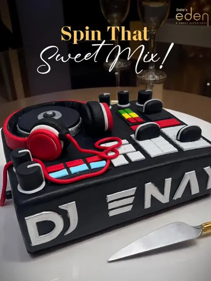 For the music lover in your life, I designed this custom DJ console cake. It features edible headphones, mixers, and turntables, making it the perfect centerpiece for a DJ's birthday bash.