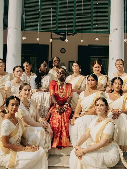 More moments with bride Syama and her wonderful bridesmaids. Whether it's for a group photo or participating in the ceremony, I ensure every saree is draped securely and beautifully.