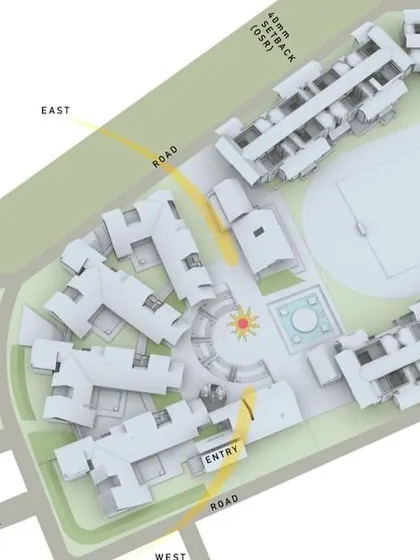 A 3D massing model of Vellore International School, showing the orientation of buildings to capture sea breeze from the east.
