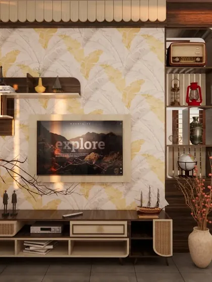 This vintage-inspired TV unit combines open shelving for displaying antiques with closed storage. The design uses a mix of wood tones and a subtle wallpaper to create a nostalgic yet functional piece.