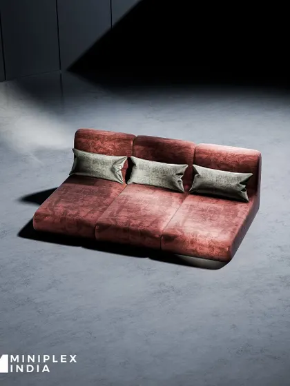 For a more relaxed, shared experience, we offer plush, low-profile lounge sofas. This three-seater model in a rich red fabric is perfect for cuddling up during a movie.