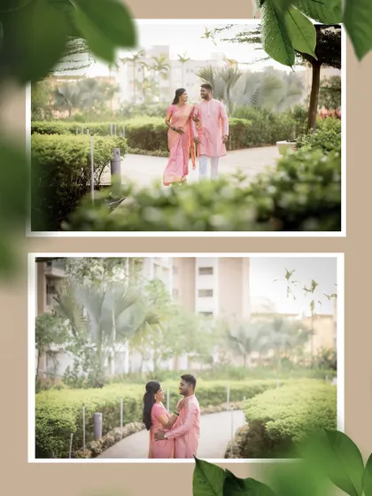 A pair of beautifully framed shots of a couple walking and posing in a landscaped garden, dressed in elegant traditional Maharashtrian attire.
