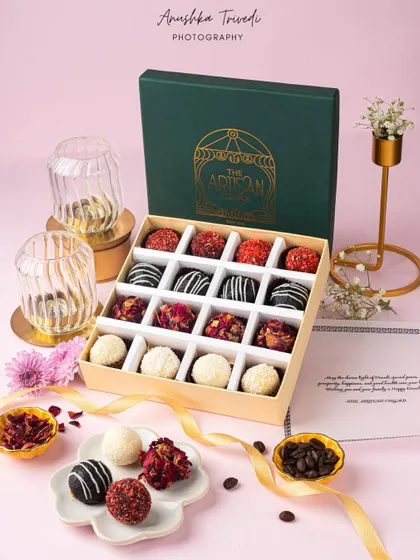 Another view of the elegant artisan chocolate box, showcasing the variety of truffles inside, perfect for a Diwali gift.