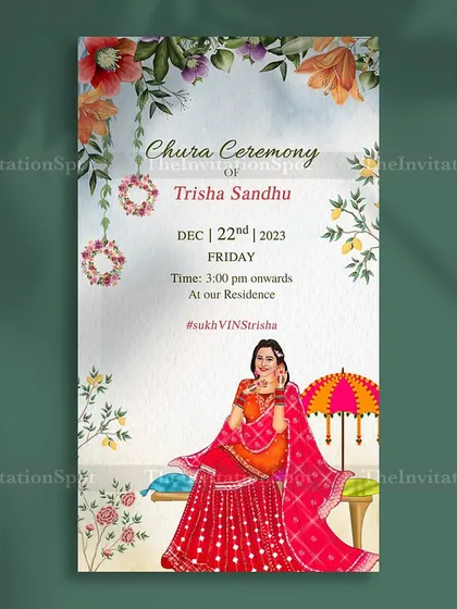 A vibrant Chura Ceremony invitation for a gorgeous bride. The design features a custom illustration of the bride in her beautiful red lehenga, surrounded by colorful flowers and traditional motifs.