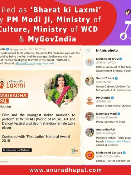 Being hailed as 'Bharat ki Laxmi' by the Government of India was a monumental honor. This recognition celebrated my journey as the first and youngest Indian musician to perform at the WOMAD and Woodstock festivals.