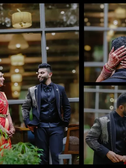 A collage showing the groom's style and the couple's interactions. The focus on his tailored suit and the tender moments they share gives a glimpse into the stylish and emotional side of their wedding day.