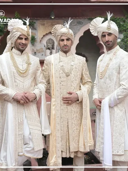 This image captures the essence of the Shauhar collection, with three grooms showcasing the majestic art of my sherwanis. Each piece is a blend of tradition and modern sophistication.