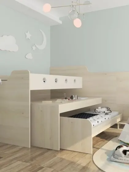 This bunk bed design includes a pull-out trundle bed, making it a great solution for sleepovers. The light wood finish and playful decor create a whimsical feel.